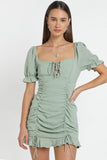 Flytonn-nye outfits Drawstring Ruched Ruffle Bodycon Mini Dress - Sage Green