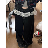 Flytonn-Spring Women Cargo Harajuku Lace Spliced Jeans Y2K Wide Leg Baggy Punk Denim Trouser Vintage 90s Aesthetic Emo Loose Washed Pant