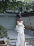 Flytonn-y2k outfits New Chinese Morning Robe Bridal Wedding and Toast White Dress One Shoulder High end Luxury French Strapless Long Dress for Women