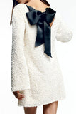 Flytonn-nye outfits Sparkly Sequin Bow Tie Long Sleeve Oversized Velvet Party Mini Dress - White