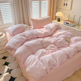 Flytonn-2025 Spring Bedding Set Ins Pink Plaid Bedding Set No Filler Twin Queen Size Comforter Cover Flat Sheet Pillowcase Girls Boys Solid Blanket Duvet Duvet