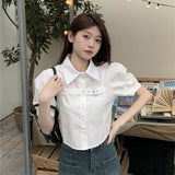 Spring Outfits Back To School Outfits Flytonn Y2K Puff Short Sleeve Blouse Women Asymmetrical Belt Chic Slim Shirts Student Summer Korean Irregular White Crop Tops New