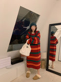 Flytonn-y2k outfits Christmas Colorful Striped Knitted Sweater Dress for Women Autumn/Winter New Lazy Style Round Neck Loose Casual Maxi Dresses