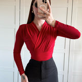 TRAUXY Cross-Neck Slim Long Sleeve Crop Top For Women Elegant Ruched Solid T shirt Autumn Fashion Versatile Female Pullovers