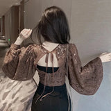 Spring Outfits Back To School Outfits Sexy Lace Hollow Out Blouse Women Summer V-Neck Puff Sleeve Backless Tops Casual Korean Slim Lace Up Solid White Crop Tops