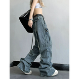 Flytonn-2024 Blue Women Jeans High Waist Vintage Straight Baggy Denim Pants Streetwear Y2K American Style Fashion Wide Leg Denim Trouser