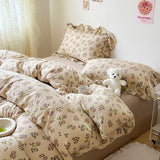 Flytonn-2025 Spring Bedding Set Cute Floral Duvet Cover Set Ins Korean Style with Flat Sheet Pillowcase No filler Washed Cotton Queen Double Home Bed Linens