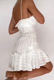 Flytonn-nye outfits Swing Ruffled Neck Button Up Tie Shoulder Summer Striped Mini Sundress - Off White