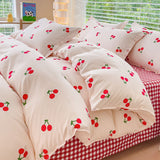 Flytonn-2025 Spring Bedding Set Cute Cherry Duvet Cover Set No Filler Flat Sheet Pillowcases Ins Korean Queen Double Full Size Soft Girl Boys Bed Linens