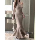 Flytonn-Sweet Hot Girl Sexy Backless Strapless Dress Women's Summer Knitted Buttocks Wrapped Mermaid Long Dress Fashion Female Clothes