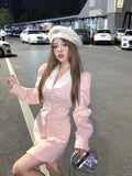 Flytonn-y2k outfits Sweet Girl Fairy Pink Birthday V-neck Suit Dress Spring French High end Cute Pink Bubble Sleeve Slimming Short Dress for Women