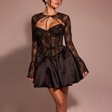 Flytonn Autumn Black Lace Dresses Elegant 2025 New in Dresses Detachable Cape A Line Flare Party Dress Sexy Spaghetti Strap Dupe-nye outfits