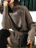 Flytonn-Black Friday Sale - Loose Long Sleeves Contrast Color Half Turtleneck Sweater Dresses