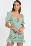 Flytonn-nye outfits Drawstring Ruched Ruffle Bodycon Mini Dress - Sage Green