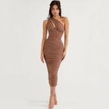 Flytonn- Asymmetric One Shoulder Cutout Ruched Corset Mesh Midi Dress - Brown