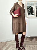 Flytonn-Black Friday Sale - Stylish Long Sleeves Loose Solid Color V-Neck Sweater Dresses