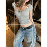 Flytonn-Streetwear Retro Fashion Autumn Women High Waist  Blue Stamp Loose Wide Leg Straight Loose Denim Trousers Y2K Stamp Baggy Pants