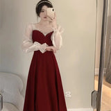 Flytonn-y2k outfits Toast Bridal Wine Red Winter Wedding Dresses for Women Autumn/Winter Luxury Spliced Waist Slimming A-line Long Evening Dress