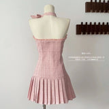 Flytonn-y2k outfits Pink Plaid Hanging Neck Backless Sleeveless Short Dress for Women Spring French Bow Sweet Slim Tight Waist A-line Pleated Dress