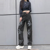 Flytonn-Women's High Waisted Jeans Butterfly Print Straight Wide Leg Denim Pants Baggy Loose Casual Trousers Streetwear