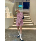 Flytonn-y2k outfits Doll Collar Pink Checkered Shirt for Women Spring and Autumn New Ruffle Sweet Mid length Top Long Sleeve Shirt Dress for Women