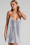 Flytonn-nye outfits Sparkly V Neck Spaghetti Strap A Line Sequin Party Mini Dress - Silver