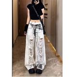 Flytonn-Vintage Women White Jeans Worn-out Y2K High Waist American Streetwear Wide Leg Pants Fashion Straight 2023 Summer Female Trouser