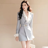 Flytonn-y2k outfits Autumn Women Dress Formal Occasion High end French Style Long sleeved Spliced Ruffle Waist Slimming Short Suit Dress for Women