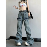 Flytonn-2024 Blue Women Jeans High Waist Vintage Straight Baggy Denim Pants Streetwear Y2K American Style Fashion Wide Leg Denim Trouser