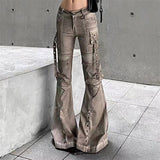 Flytonn-2024 Autumn Women's Casual Khaki Harajuku Jeans Vintage Korean Emo Loose Washed Pants Y2K Wide Leg Punk Sexy Denim Trouser