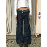 Flytonn-Y2K Wide Leg Blue High Street Washed Denim Trouser American Vintage High Waist Jeans Women's Casual 2000s Straight Emo Pants