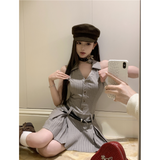 Flytonn-y2k outfits Retro Grey Polo Neck Halter Sleeveless Suit Dress Summer Academy Style Pleated Spicy Girl Waist Slimming Short Dress for Women