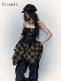 Flytonn-y2k outfits Autumn/Winter New Retro Rock Street Dark Punk Spliced Plaid Strapless Dress Spicy Girls High Waist A-line Short Skirt for Women