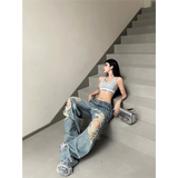 Flytonn-High Waist Ripped Women's Blue Jeans Hip-hop Style Fashion Vintage Streetwear Y2K Wide Leg Jean 2000s Trouser Baggy Denim Pants