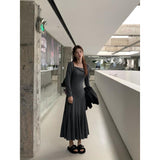 Flytonn-y2k outfits Autumn Korean Fashion Long Dress for Women Spicy Girl Slim Fit Long Sleeve Square Neck Waist Slim Temperament Fishtail Dress