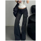 Flytonn-Black Womens Jeans High Waist Vintage Straight Winter Denim Pants Street Multiple Pockets American Wide Leg Baggy Denim Trouser