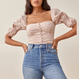 Flytonn-BACK TO SCHOOL OUTFIT Womens Tops And Blouses 2025 Front Buttons Fitted Summer Casual Plaid Top Women Square Neck Double Puff Sleeve Elegant Blouse