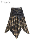 Flytonn-y2k outfits Autumn/Winter New Retro Rock Street Dark Punk Spliced Plaid Strapless Dress Spicy Girls High Waist A-line Short Skirt for Women