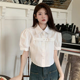 Spring Outfits Back To School Outfits Flytonn Y2K Puff Short Sleeve Blouse Women Asymmetrical Belt Chic Slim Shirts Student Summer Korean Irregular White Crop Tops New