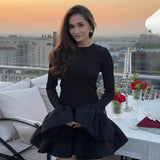 Flytonn Knitted Mini Dress Female Long Sleeves Gown Flare Sleeves Spliced Autumn Winter Dress A-Line Sweet Bodycon Women Clothes