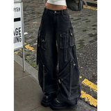 Flytonn-Women Black Jeans Cargo Pants Streetwear High Waist American Wide Leg Pants Fashion Y2K Style Female Winter Straight Trousers