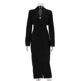 Flytonn 2025 New Hollow Waist Suit Dress Office Lady Single Breasted Midi Dress Lapel Solid Long Sleeve Elegant Female Dresses