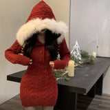 Flytonn-y2k outfits Winter New Christmas Stylish Waist Slimming Long Sleeve Hooded Knitted Red Dress Spicy Girl Sexy Wrap Hip Mini Dress for Women