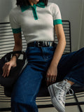 Flytonn Sexy Navel-baring Lapel Top For Women 2025 Spring Summer Ins Hot Contrasting Color Short Sleeve Knit T-shirt Fashion Slim