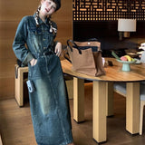 Flytonn-y2k outfits Autumn Retro Washed Polo Collar Long Sleeve Denim Dress for Women Korean Fashion Clothing Loose Casual High Street Maxi Dresses