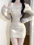 Flytonn-y2k outfits Autumn/Winter Off Shoulder Sweet and Spicy Girl Gentle Knitted Dresses for Women Long Sleeve Wrap Hip Tight Short Sexy Dress