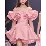 Flytonn-y2k outfits French Sexy Sweet Off Shoulder Pink Dress Summer New Chic One Shoulder Waist Slimming A-line Puffly Short Dresses for Women