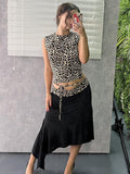 Flytonn Fashion Double Wear Skirt Suit Female Leopard Print Lace Up Sleeveless Vest Irregular Splice Skirt Two Pieces Set Women's