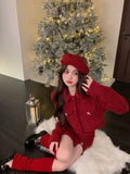 Flytonn-y2k outfits New Year's Robe Red Skirt Set Autumn/Winter Christmas Dress Up High End Sweet Short Coat Mini Skirt Two Piece Set Women Outfits