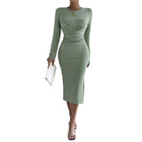 Flytonn-Black Friday Sale - Women's Elegant Long Sleeve Round Neck Slim Fit Midi Dress